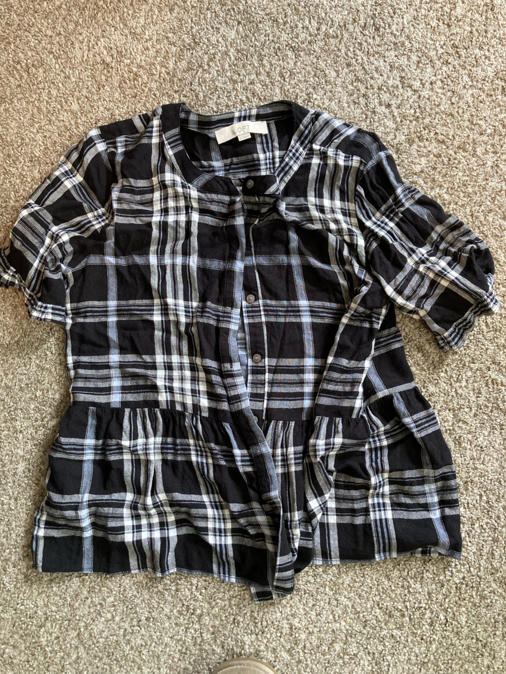 LOFT Black and White Plaid Button-Front Womens Top